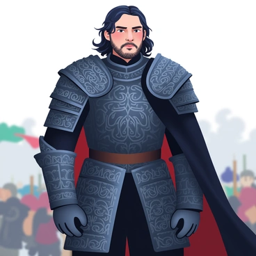 Jon Snow is standing with a determined expression, wearing a dark, intricate suit of armor that glints under the light. The armor features detailed engravings and is complemented by a flowing black mantle draped over his shoulders. His long dark hair is tousled, and his intense gaze reflects his focus and readiness for battle. In the background, a blurred battlefield is hinted at, with muted colors suggesting the impending conflict. The atmosphere conveys a sense of urgency as he prepares for the challenges ahead.