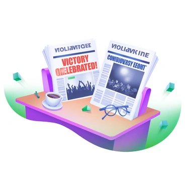 A table holds two newspapers side by side, each featuring contrasting headlines about the same event. The first newspaper has a bold, red headline reading "Victory Celebrated!" in large letters, with an image of cheering crowds below the text. The second newspaper displays a headline in dark blue that states "Controversy Erupts!" in an equally prominent size, accompanied by an image of a protest scene. The table is wooden and polished, and there are small decorative elements like a cup of coffee and a pair of reading glasses resting on one side. The environment around the table is softly lit, emphasizing the contrasting themes of celebration and unrest in the newspapers.