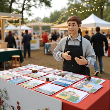 An illustrator with light brown hair pulled back into a ponytail is standing at a table covered with an array of colorful seasonal greeting cards. The cards feature various designs, including winter scenes, floral spring themes, summer beach images, and autumn leaves. The table is situated in a bustling fair in Sheffield, surrounded by festive decorations and strings of lights. The illustrator is engaging with visitors, smiling as they explain the inspiration behind their cards. There are small decorative elements like pinecones and dried flowers on the table to enhance the display. In the background, other vendors and fairgoers can be seen enjoying the event.