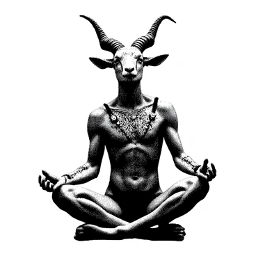 A figure of Baphomet is seated in a meditative pose, with its legs crossed and hands resting on its knees. It has a gentle smile on its face, suggesting calmness and tranquility. The figure features a goat's head with prominent horns and a human body, adorned with various symbols and intricate details. The background is plain, allowing the focus to remain on Baphomet's serene expression and posture.