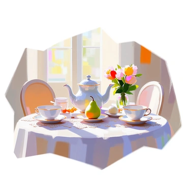 A charming tea party setting featuring delicate "birne-themed" teacups arranged neatly on a lace tablecloth. Each teacup is adorned with intricate illustrations of pears, showcasing various shades of green and yellow. At the center of the table sits an eye-catching "birne-shaped" teapot, designed to resemble a pear with a glossy finish. The table is surrounded by dainty chairs, each inviting guests to sit and enjoy the delightful scene. Fresh flowers in a small vase add a touch of natural beauty to the arrangement. Soft light filters in from nearby windows, creating a warm and inviting atmosphere.