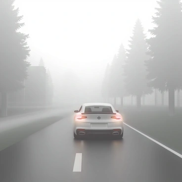 A sleek, silver car is driving away on a narrow road, its taillights glowing brightly in the heavy morning fog. The fog is thick, enveloping the trees and the landscape in a soft gray hue, with only faint outlines of nearby buildings barely visible. The car's tires leave faint tracks on the wet pavement as it disappears into the mist, creating an atmosphere of mystery and solitude. The scene captures the stillness of the early morning, with the diffused light filtering through the fog, casting an ethereal glow around the vehicle.