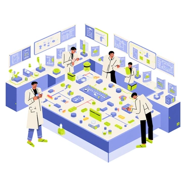 A bustling hextech laboratory filled with various gadgets and blueprints. The laboratory has a bright, well-lit atmosphere with multiple workstations scattered throughout. Each workstation features intricate tools, small gears, and glowing components. Blueprints are pinned to the walls, displaying complex designs and diagrams. In the center, a large table is covered with an array of hextech devices, some emitting soft blue light. A few scientists dressed in lab coats are actively working, examining gadgets and discussing their discoveries.