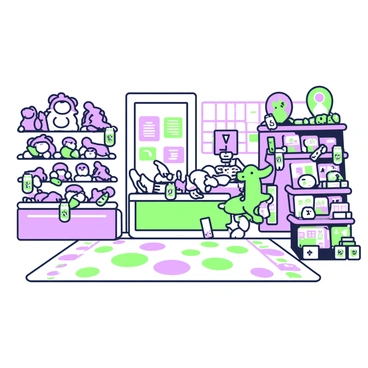 A toy store interior filled with various plush toys and games. On the left side, there are shelves stacked with a variety of soft plush animals including teddy bears, rabbits, and dinosaurs, each with playful price tags attached. In the center, a large display showcases colorful board games and puzzles, organized neatly. On the right side, a colorful display of action figures and dolls is visible, each with unique designs and price tags. The floor is covered with a playful rug featuring shapes and patterns, adding to the lively atmosphere of the store.