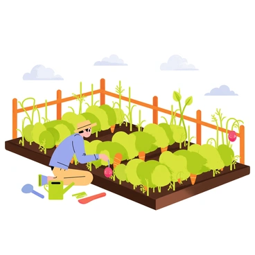 A lush vegetable garden with an array of growing plants and a gardener tending to them