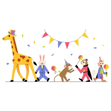 A group of animals marching in a line during a joyful parade. A tall giraffe is wearing a colorful top hat adorned with flowers. A fluffy white rabbit is dressed in a bright blue tuxedo, complete with a shiny bow tie. A playful monkey is wearing a vibrant party hat and holding a small balloon. A wise old owl is dressed in a red cape and a small crown. Brightly colored banners and confetti fill the scene, creating a festive atmosphere. Each animal has an expression of excitement and joy as they march along the parade route.