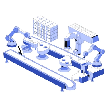 A factory interior is filled with robotic arms engaged in the assembly of various products. The robotic arms are positioned at different stations along a streamlined assembly line. Each arm is equipped with precise tools, and they work in unison to pick and place components onto the assembly fixtures. The factory floor is organized, with conveyor belts transporting items between the robotic stations. In the background, large machinery and storage racks are visible, indicating a high-tech manufacturing environment. The atmosphere is busy, with the sounds of machinery and movement.