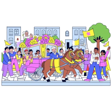 A colorful royal procession features a grand, decorated carriage adorned with vibrant flowers and gold accents. The carriage is being pulled by two majestic horses, equipped with ornate harnesses and plumes. Surrounding the procession are enthusiastic townsfolk, waving flags and clapping their hands in celebration. The townspeople are dressed in a variety of colorful outfits, showcasing a lively atmosphere filled with excitement. The scene is set on a cobblestone street, lined with trees and buildings.