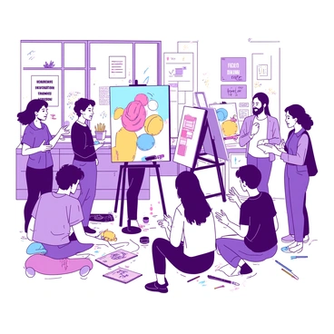A group of diverse students is gathered in a bright workshop filled with various art supplies and tools. In the center, a mentor with short hair is demonstrating illustration techniques on a large easel, showcasing a colorful artwork in progress. The students are attentively watching and taking notes, with some sketching in their own notebooks. Around them, the walls are adorned with illustrations and inspirational quotes. The floor is scattered with sketchpads and colorful markers, creating an engaging and creative atmosphere.