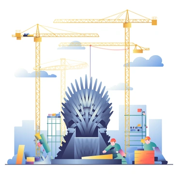 The Iron Throne is prominently placed in the center of a construction site. It is constructed of a variety of iron swords, gleaming under the sunlight. Surrounding the throne are several large cranes, towering high above, with their long arms extended, and various scaffolding structures providing support around the throne. There are piles of steel beams and construction materials scattered around the site. In the background, a clear blue sky contrasts with the industrial scene, while construction workers in hard hats are visible, engaging in their tasks.