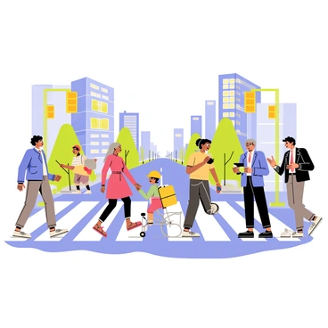 A busy crosswalk with a wide rectangular strip marked by white lines. The scene is filled with a diverse group of people crossing the street. There are individuals of different ethnicities, including a gentleman with curly black hair wearing a blue jacket and a woman with long straight hair in a red dress. A child is holding hands with an elderly woman who has gray hair and glasses. There is a delivery person on a bicycle with a bright yellow helmet and a backpack. Nearby, a man in a suit is checking his watch while a couple laughs together. Surrounding the intersection are tall buildings in the background with colorful advertisements and traffic lights.