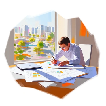 An economist with short brown hair and glasses is seated at a large wooden table, intently reviewing detailed blueprints for a new urban development project. The blueprints are spread out before him, showcasing a complex layout of streets, buildings, and green spaces. The room is filled with natural light coming from large windows, casting shadows on the blueprints. On the table, there are also charts and a laptop open beside him, indicating data analysis relevant to the project. The economist is holding a pencil, making notes as he examines the plans closely.