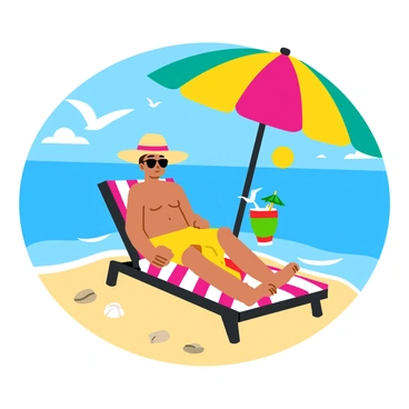 Mr. Sakamoto is sitting comfortably on a striped beach chair under a large, colorful beach umbrella. He is wearing sunglasses and a wide-brimmed sun hat, with a refreshing coconut drink beside him, complete with a straw and a tiny umbrella. The ocean waves are gently lapping at the shore in the background, and a few seagulls can be seen flying overhead. The sandy beach has a few scattered seashells, and the sun is shining brightly in a clear blue sky.