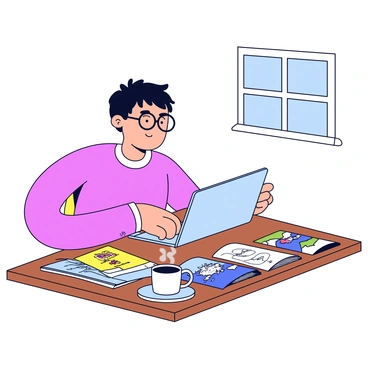 A person sitting at a wooden table, focused on a laptop screen while booking a vacation online. The individual has short dark hair and is wearing glasses. Around the table are several colorful travel brochures featuring tropical destinations, mountain retreats, and city landmarks, all neatly arranged. A coffee mug filled with steaming coffee sits beside the laptop. Natural light from a nearby window illuminates the scene.