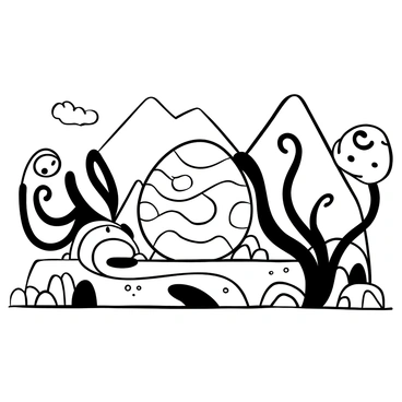 A large, oval-shaped egg with intricate patterns glowing softly is resting on a rocky surface. Surrounding the egg, there are unusual plant-like structures with spiraling forms and sharp angles, some reaching towards the sky. The landscape features jagged cliffs in the background and an expanse of rugged terrain scattered with strange, geometric stones. A distant mountain range looms, partially obscured by a mist that adds to the atmosphere.