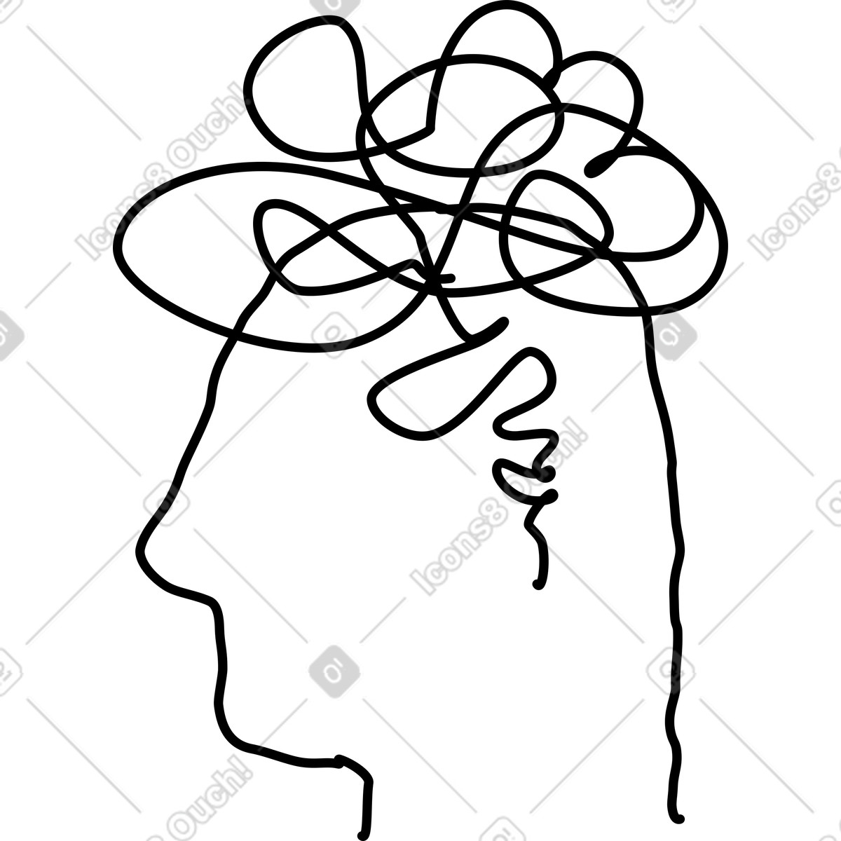Rondy Stickers スタイルの Head silhouette with chaotic scribble lines symbolizing overthinking mind のイラストをPNG、SVG形式でダウンロード
