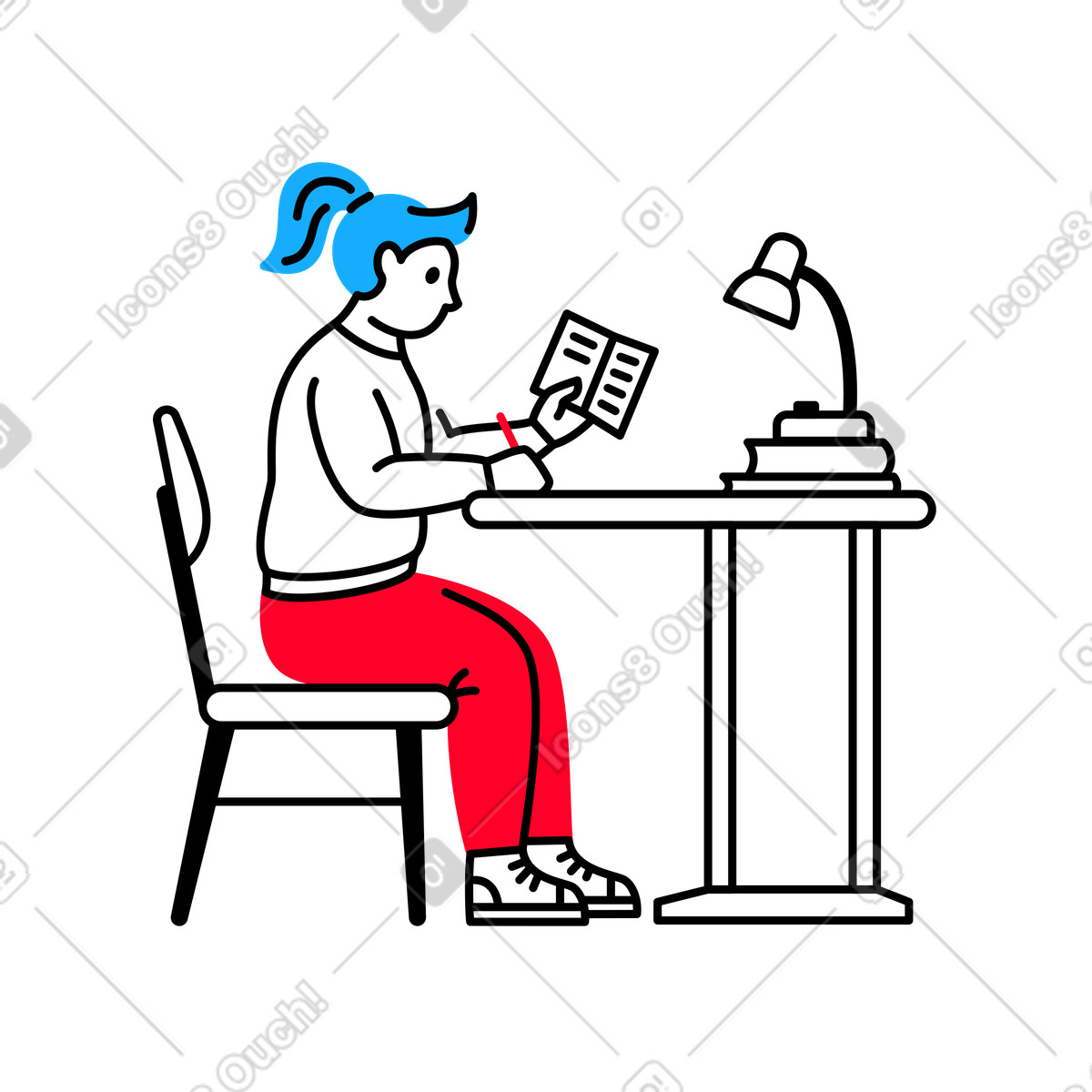 Woman is sitting at a table, holding a book and writing something illustration in Transistor style download in PNG, SVG