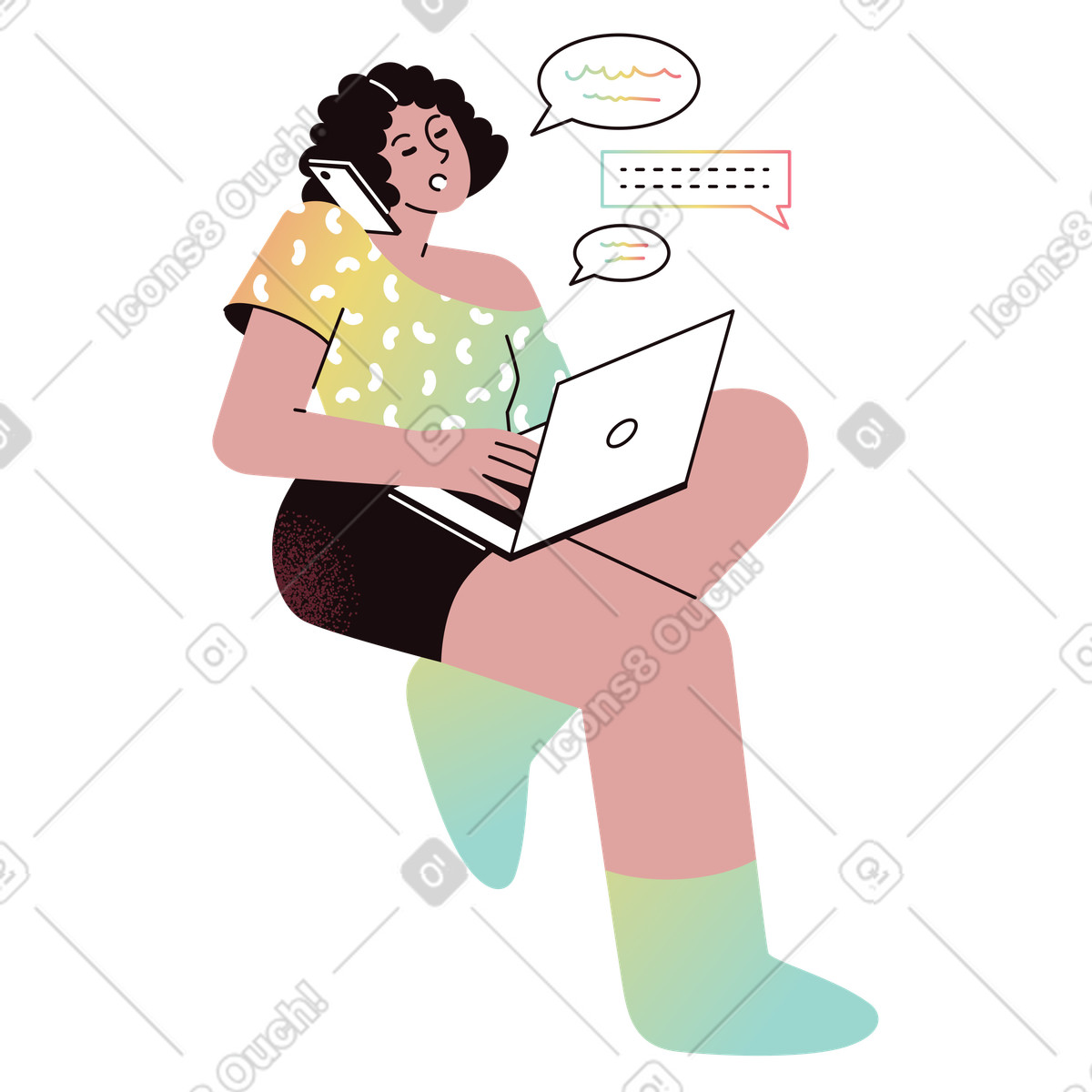 Person typing on laptop and talking phone, work from home remote collaboration illustration in Delight style download in PNG, SVG