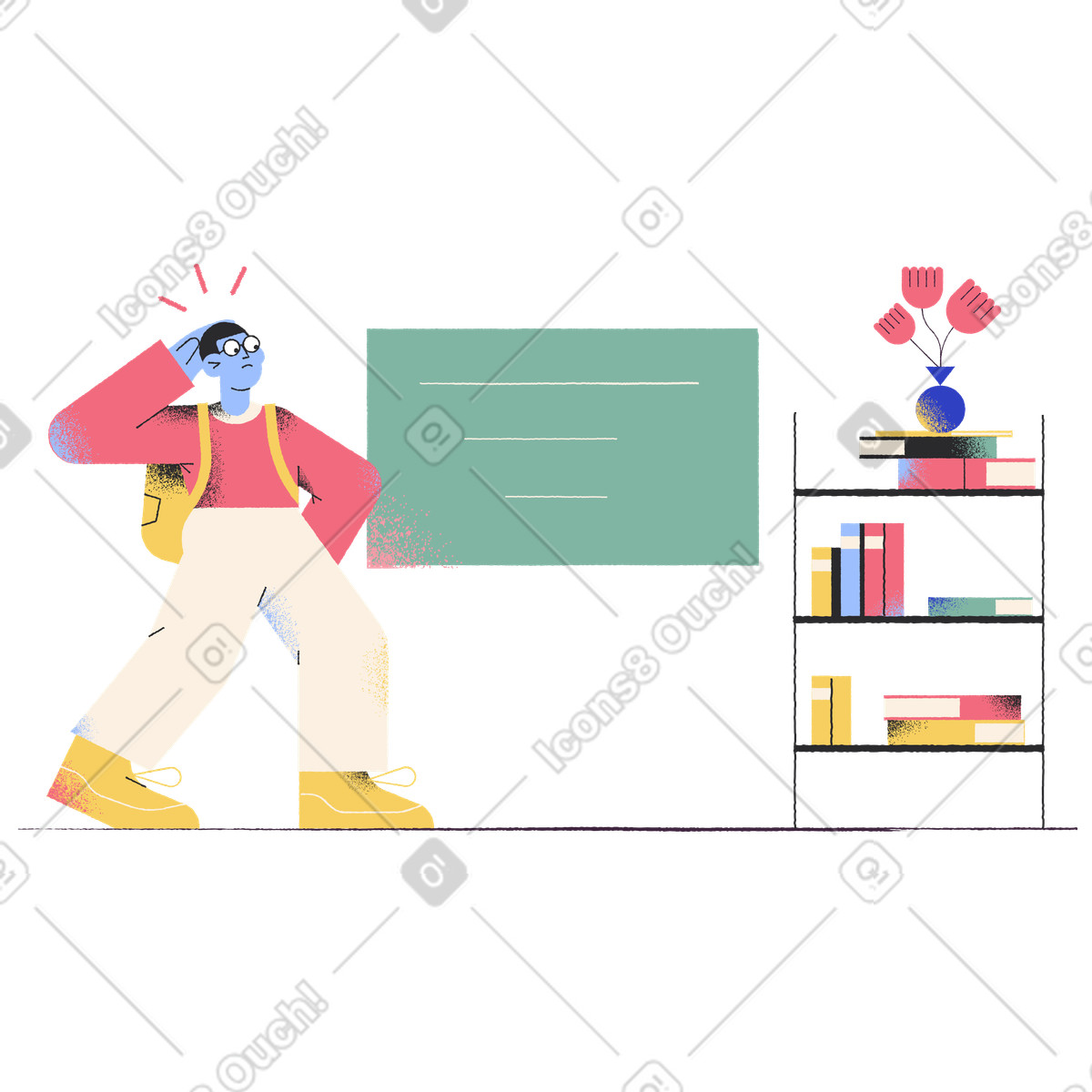 Illustration Étudiant surpris regardant le tableau noir dans style Pablo à télécharger aux formats PNG, SVG