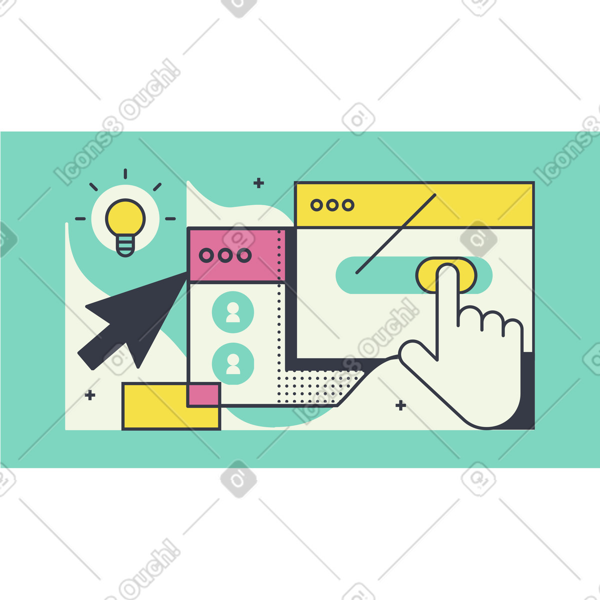 Website pages, cursor, bulb and hand animated illustration in GIF, Lottie (JSON), AE