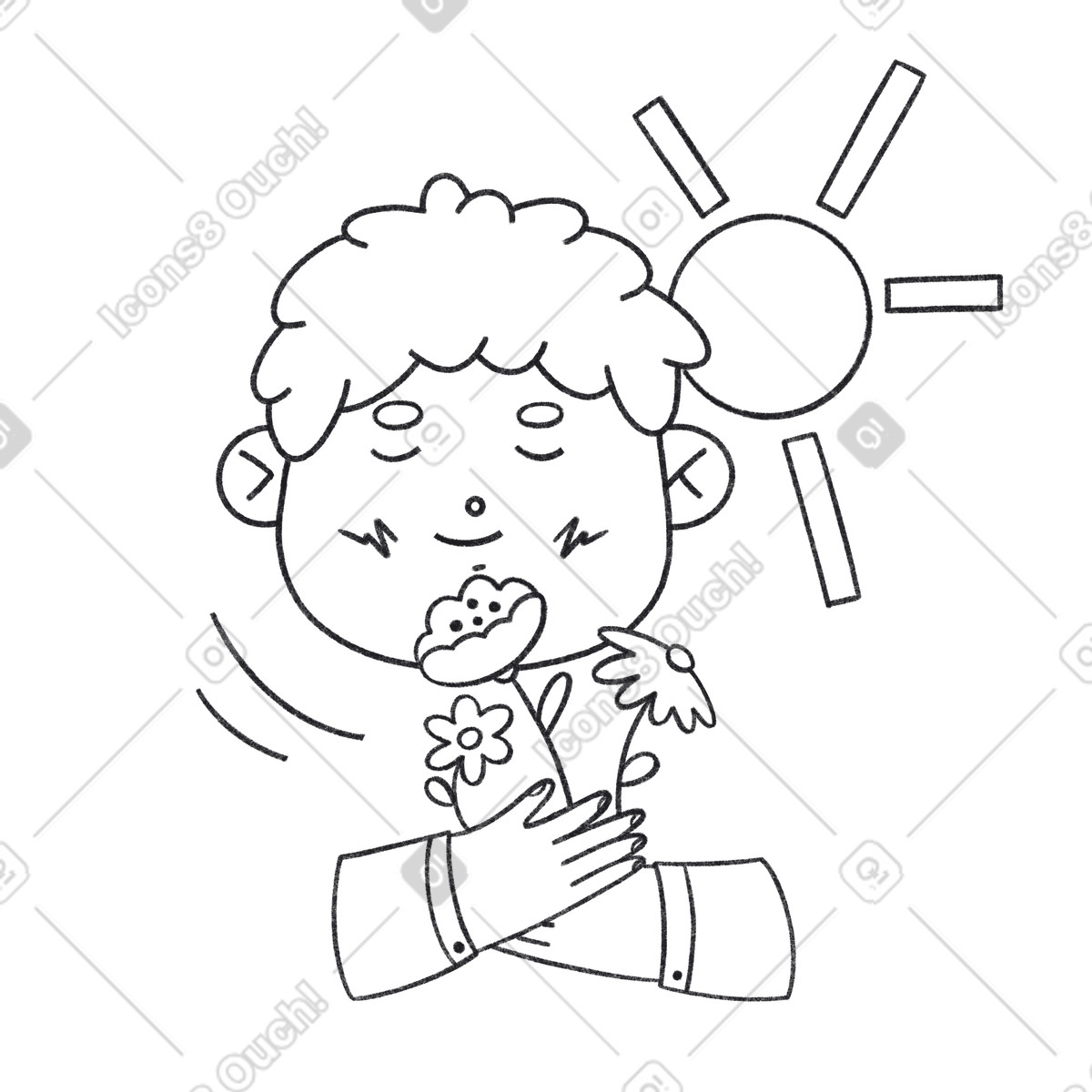 下载 Bonbon Line 风格的 男孩手捧鲜花，站在阳光下 插画，支持 PNG、SVG 格式