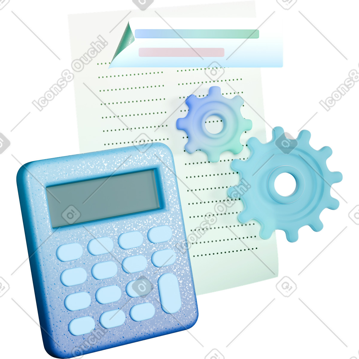 3D Business スタイルの Calculator with financial report and gears indicating automated accounting process のイラストをPNG、SVG形式でダウンロード