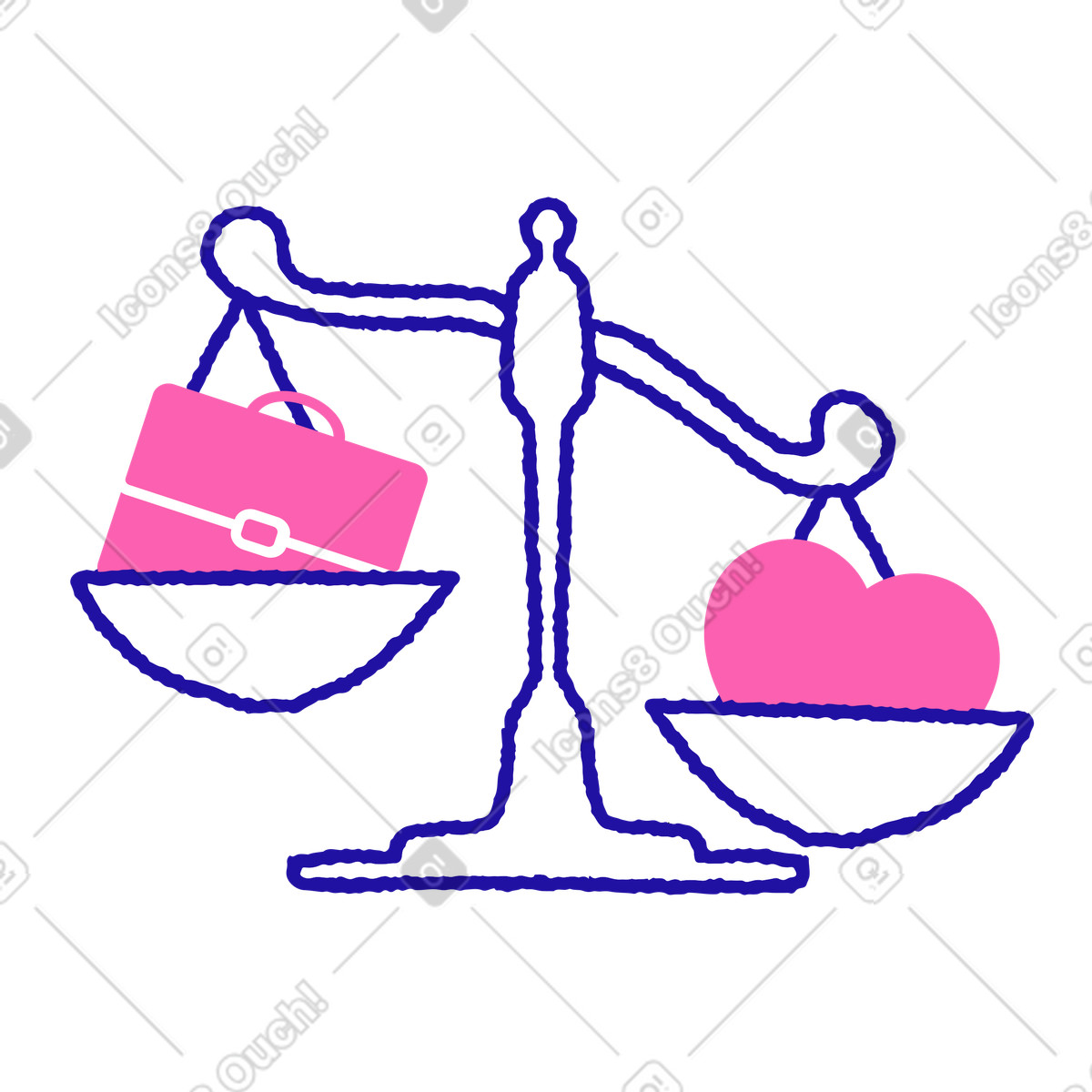 Ilustración Equilibrio entre vida laboral y personal: balanza de la justicia, maletín corazón en estilo Whimsy a descargar en PNG SVG
