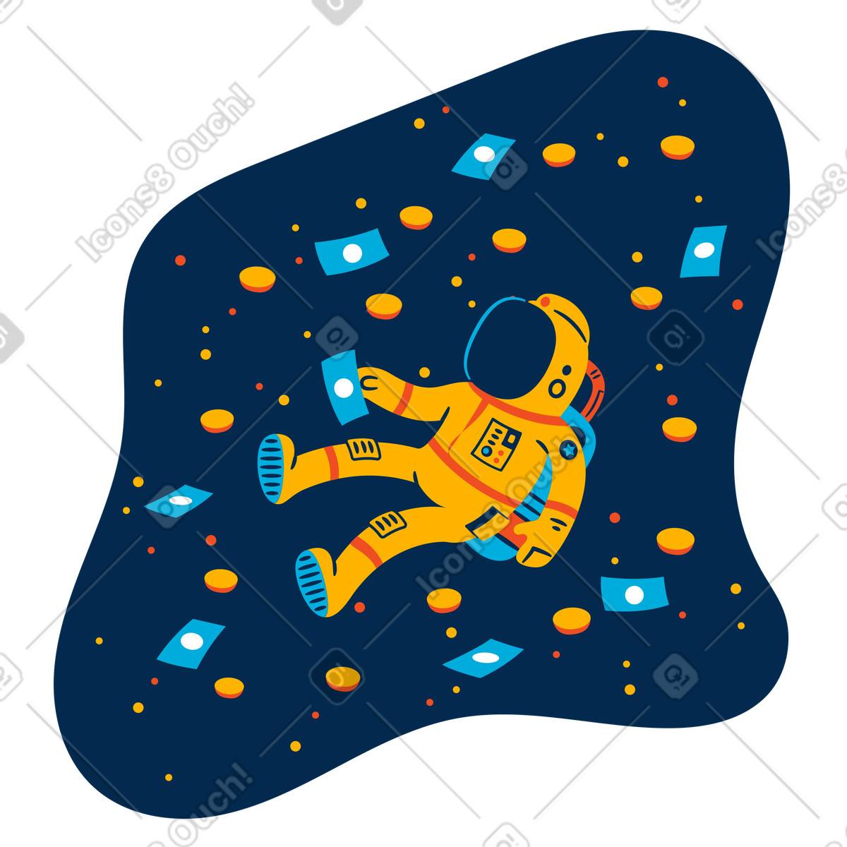 Mann im raumanzug schwebt weltraum und fängt geld-Illustration Flame-Stil als Download in PNG, SVG