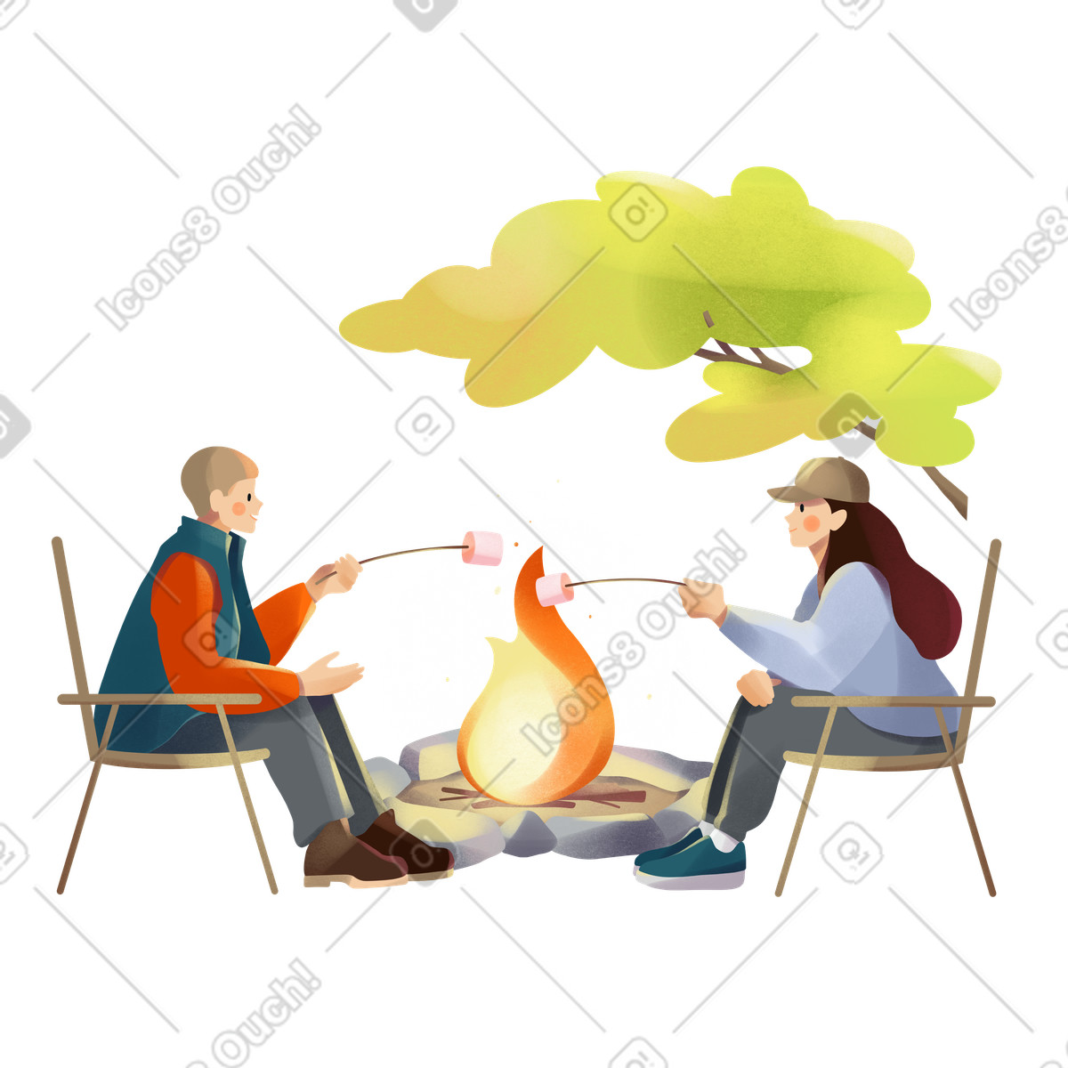 Friends roasting marshmallows on a fire illustration in PNG, SVG