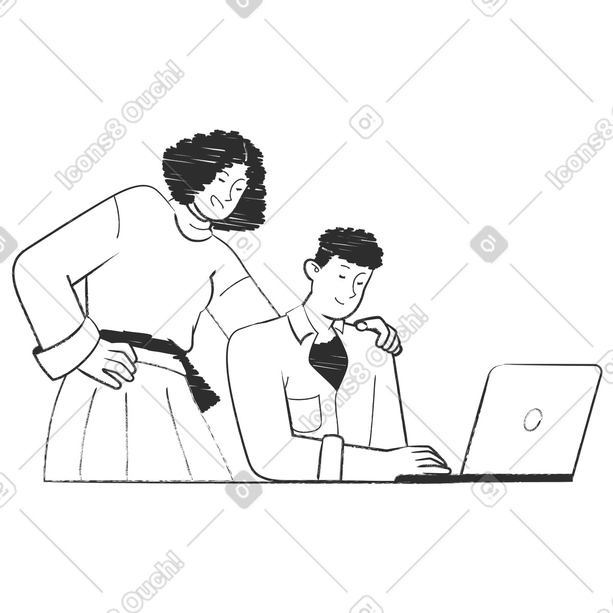 Mentor supporting new team member, workplace mentorship and onboarding illustration in Graphite style download in PNG, SVG