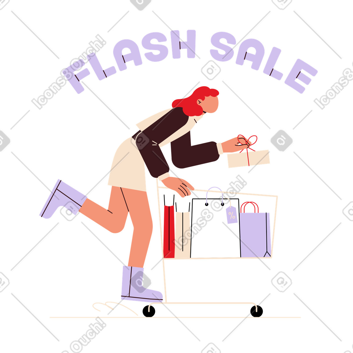Ilustración Venta flash de letras con una mujer que está compras en estilo Folks a descargar en PNG y SVG
