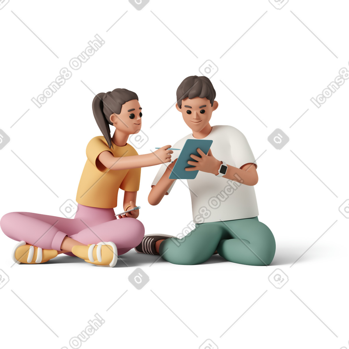 3D Casual life 스타일의 Girl and boy sitting with tablet 일러스트레이션 PNG, SVG 다운로드