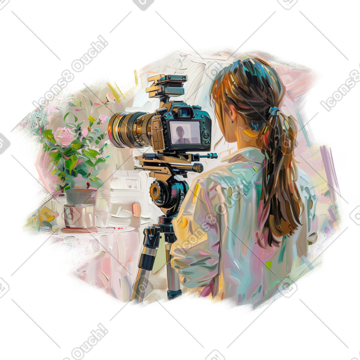 Oil painting of a woman filming vlog illustration in Pictorial style download in PNG, SVG