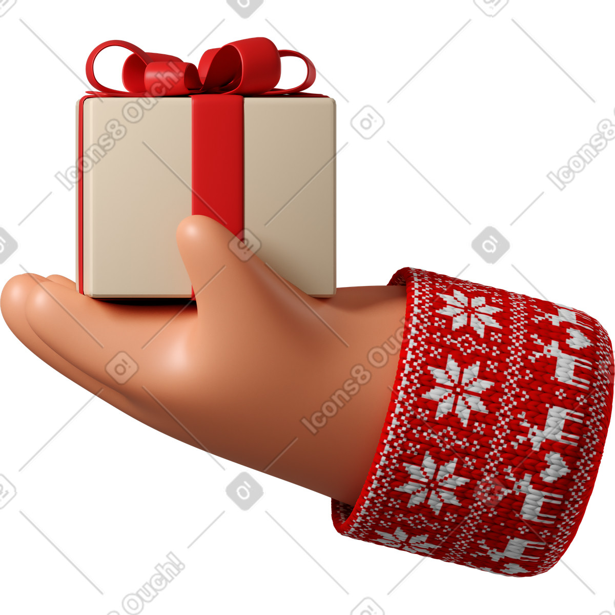Illustration Main en peau bronzée pull rouge avec motif de noël tenant une boîte cadeau dans le style 3D Hands Fun&Wild à télécharger aux formats PNG, SVG