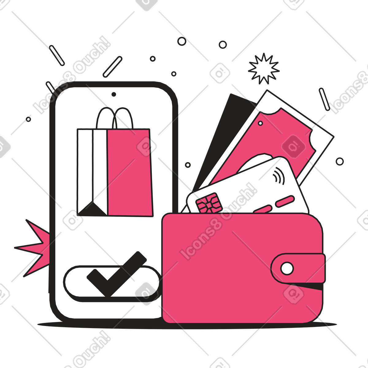 Payment methods in wallet with online shopping app, E-commerce and digital checkout illustration Dazzle Line style download PNG, SVG