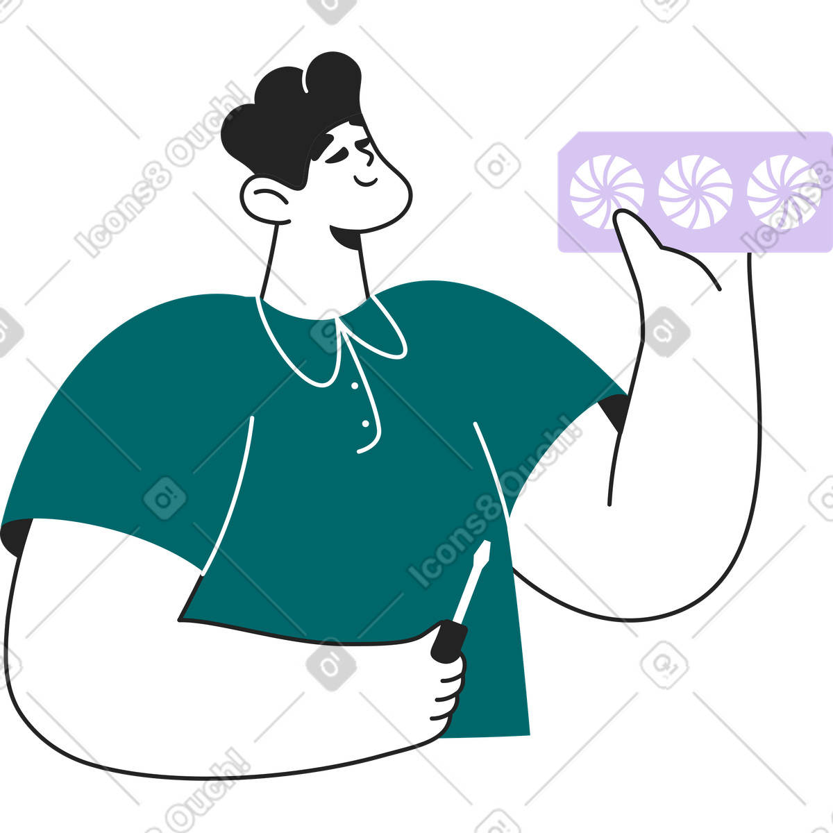Riparatore con cacciavite e scheda grafica illustrazione in stile Sammy Line scarica in PNG, SVG