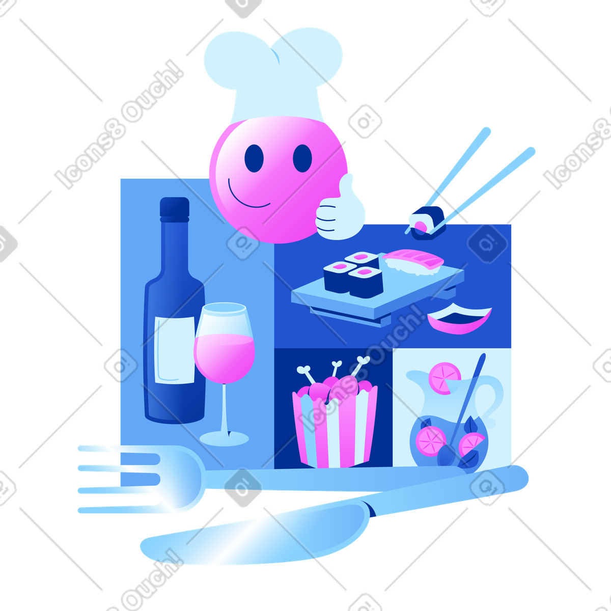 Cibo, catering e vino con lo chef emoji illustrazione in stile Glossy scarica in PNG, SVG
