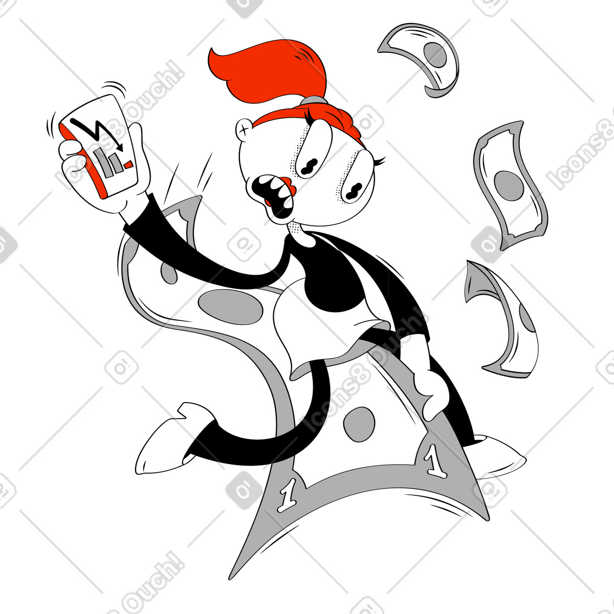 Looney スタイルの ドル札に乗ってロデオをする女性 のイラストをPNG、SVG形式でダウンロード