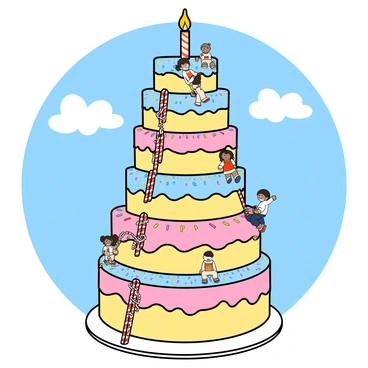 A towering birthday cake designed to resemble a skyscraper, adorned with layers of colorful frosting in shades of pink, blue, and yellow. The cake features multiple tiers, each decorated with an array of sprinkles, candles, and whimsical designs. Tiny people, depicted in playful cartoon style, are seen climbing the cake, some using candy canes as ropes, while others are balancing on the edges of the tiers. The scene captures a sense of adventure and excitement, with a bright blue sky in the background, and fluffy white clouds floating above.