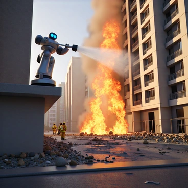 An AI robot with a sleek metallic body and illuminated blue eyes is actively engaged in fighting a fire. The robot is positioned on the edge of a city building, spraying a powerful hose that shoots water towards the intense flames. The background shows a tall urban structure engulfed in bright orange and red flames, with smoke billowing into the sky. The robot's arms are extended, and its posture reflects determination. Scattered debris and shattered glass from the building's windows can be seen below, emphasizing the intensity of the situation. Firefighters are visible in the distance, working alongside the robot to control the blaze.