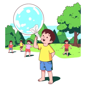A child with short brown hair is standing in a sunlit park, holding a transparent plastic bag to their lips as they blow air into it, creating a large, round bubble. The bubble is partially inflated, catching the light and reflecting various colors. The child is wearing a bright yellow t-shirt and denim shorts, looking delighted as the bubble expands. In the background, there are green trees and a grassy area where other children are playing, adding to the lively atmosphere. The scene conveys a sense of joy and innocence.
