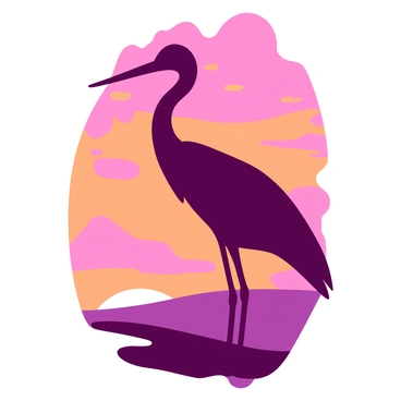 A crane stands tall in the foreground, depicted as a striking silhouette against a vibrant background. The sky is filled with a gradient of orange and pink hues, creating a dynamic atmosphere. The crane's elongated neck and outstretched wings are prominently featured, emphasizing its graceful form. The sun is just below the horizon, casting a warm glow that highlights the edges of the crane's silhouette.