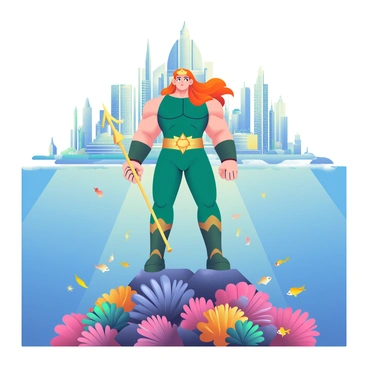 Aquaman, a muscular man with long, flowing orange hair, is standing proudly atop a vibrant coral reef. He is wearing a green and gold armored suit that glistens under the ocean light. His trident is held firmly in his right hand, and his posture exudes confidence. In the background, the shimmering cityscape of Atlantis rises majestically, with tall spires and intricate architecture made of glass and stone. Schools of colorful fish swim around the coral, and beams of sunlight filter down from the surface, illuminating the scene with a magical glow.