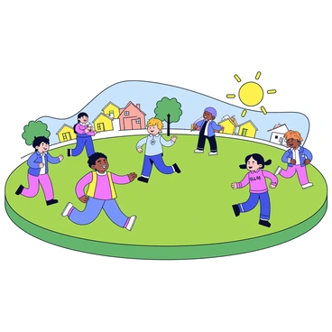 A group of children wearing colorful clothing is playing a traditional game on a grassy village green. The children are engaged in a lively activity, laughing and running around. In the background, there are small, simple houses with thatched roofs and a few trees scattered around the green. The sun shines brightly, casting shadows on the vibrant grass where the children are playing. Some of the kids are holding small objects, while others are in motion, illustrating their active participation in the game.
