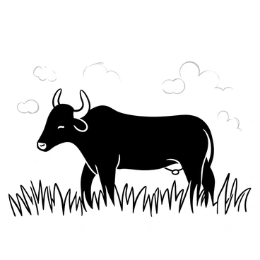 A carabao standing in a field, partially obscured by early morning mist. The animal's strong body is depicted with detailed features, including its large horns curving gracefully. The field is filled with tall grass, which sways gently in the breeze. Wisps of mist rise from the ground, creating a soft, ethereal atmosphere around the carabao. In the background, faint outlines of distant trees can be seen, further adding to the tranquil scenery.