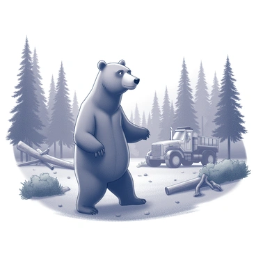 A bear standing on its hind legs, with its eyes fixed on the scene ahead. The bear has thick fur, detailed with texture, and it appears stout and powerful. Around the bear, the forest is filled with trees, bushes, and undergrowth, showcasing a serene environment. In the background, the forest is being cleared; large machinery is visible, and fallen trees are scattered across the ground. The bear's expression conveys concern as it watches the destruction unfold in its natural habitat.