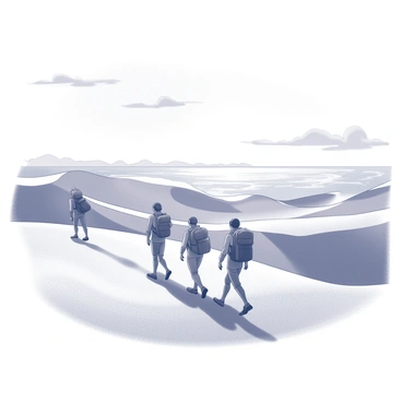 A group of four adventurers walking across a vast desert landscape. They are equipped with backpacks and wearing light-colored clothing suitable for the heat. The towering sand dunes create undulating patterns in the foreground, casting long shadows. In the distance, a shimmering mirage glimmers on the horizon, creating an illusion of water. The sky above is expansive, with a few wispy clouds scattered throughout. The adventurers' footprints trail behind them in the fine sand.