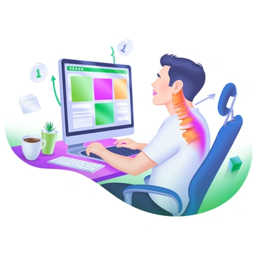A modern pastel illustration depicting a person sitting at a computer with improper posture. The individual is slouched in a chair, with their head leaning forward and their shoulders hunched. The computer screen displays an array of brightly colored icons and applications. A visible discomfort is expressed on the person's face, indicating pain associated with cervical radiculopathy. Surrounding the person are visual elements such as arrows pointing to their neck and shoulders, highlighting areas of strain. The workspace includes scattered papers and a coffee cup, adding to the scene's context.