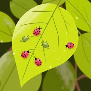 A close-up view of a vibrant green leaf with droplets of water on its surface. Various insects are illustrated on the leaf, including several red and black ladybugs with distinct spots and shiny green beetles. A soft, diffused light enhances the details of their bodies and the texture of the leaf. The background features blurred hints of other leaves and branches, creating a sense of depth within the forest.