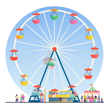A large ferris wheel stands tall against a clear blue sky. One of the carts is positioned at an awkward angle, appearing slightly tilted as it hangs from the wheel. The ferris wheel is painted in bright colors, with red, yellow, and blue accents. Below the wheel, a bustling fairground is visible, with various stalls and people enjoying the festivities. The vibrant lights of the ferris wheel reflect off the nearby carnival games, adding to the lively atmosphere.